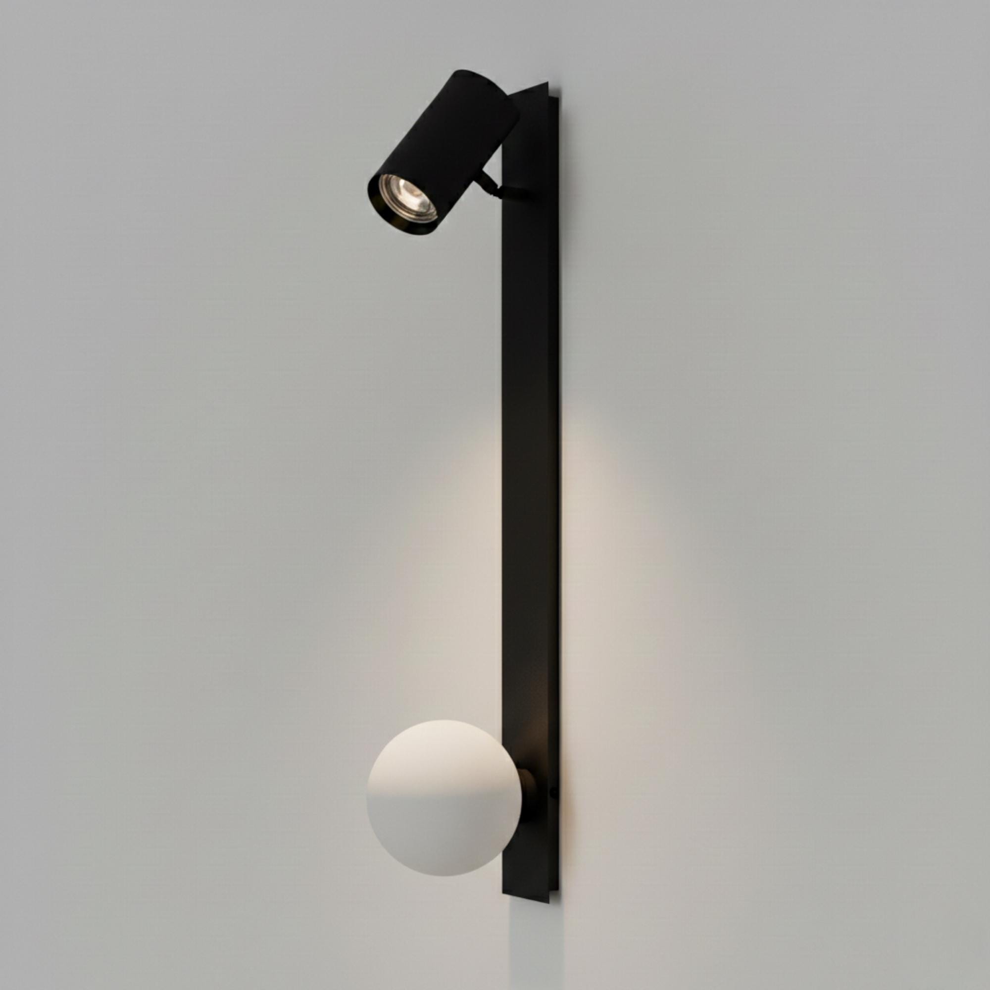Modern Black Wall Sconce with Opal Glass Globe – Adjustable Spotlight Wall Light – Minimalist Bedroom Wall Sconce Light