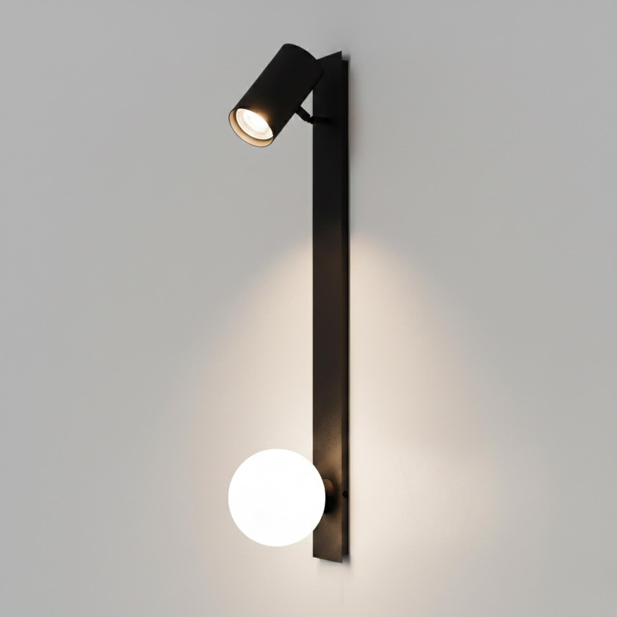 Modern Black Wall Sconce with Opal Glass Globe – Adjustable Spotlight Wall Light – Minimalist Bedroom Wall Sconce Light