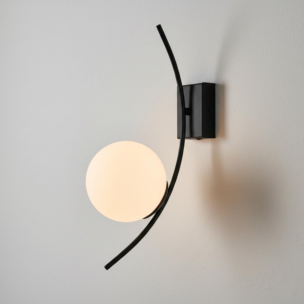 Modern Curved Wall Sconce – Opal Glass Globe Wall Lamp – Black Metal Contemporary Bathroom Vanity Light – Minimalist Hallway Lighting