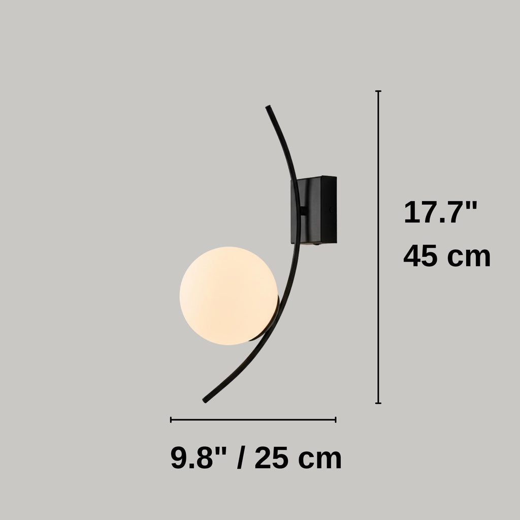 Modern Curved Wall Sconce – Opal Glass Globe Wall Lamp – Black Metal Contemporary Bathroom Vanity Light – Minimalist Hallway Lighting