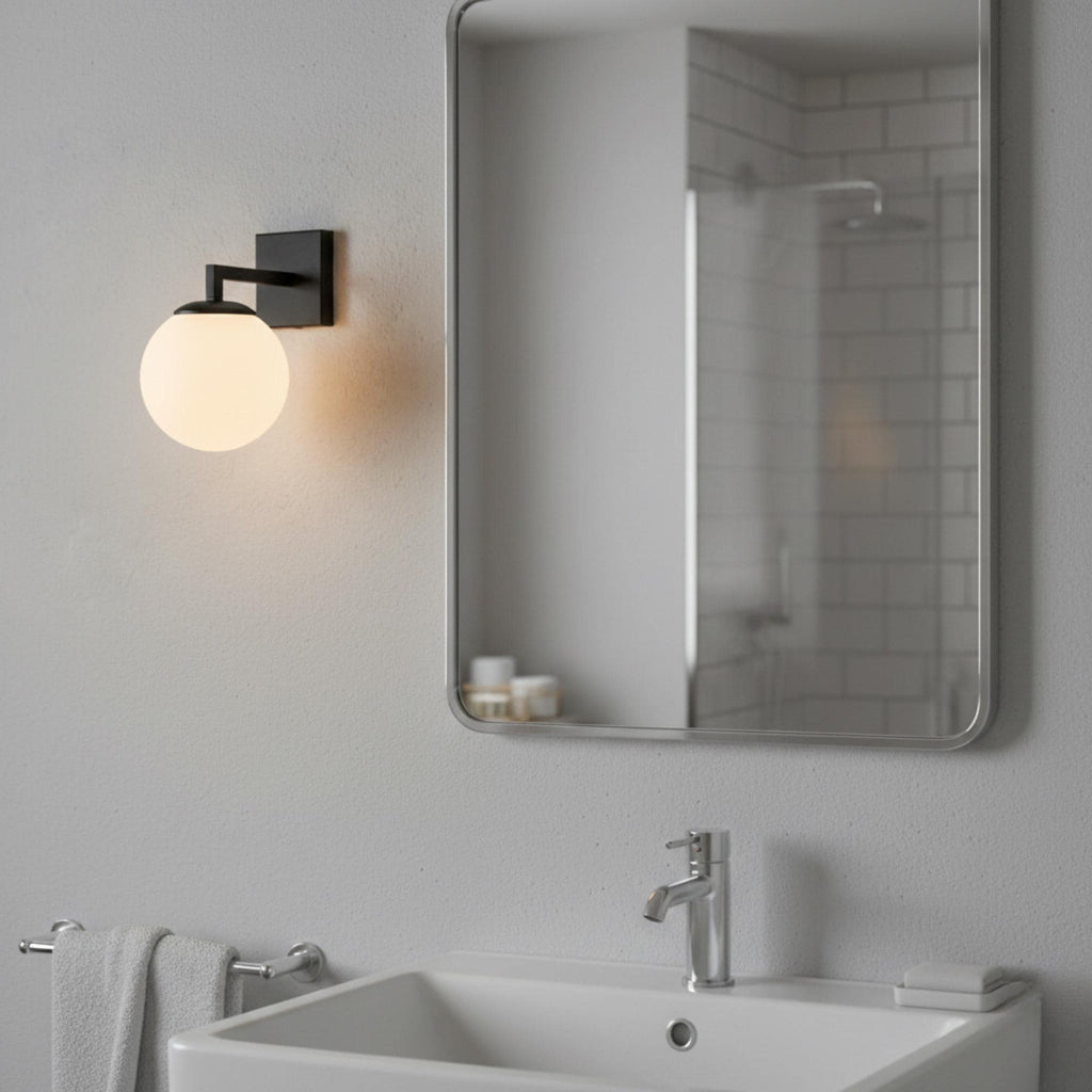 Mid-Century Globe Wall Sconce, Black Square Arm Wall Light, Opal Glass Vanity Lamp, Geometric Bathroom Lighting Fixture