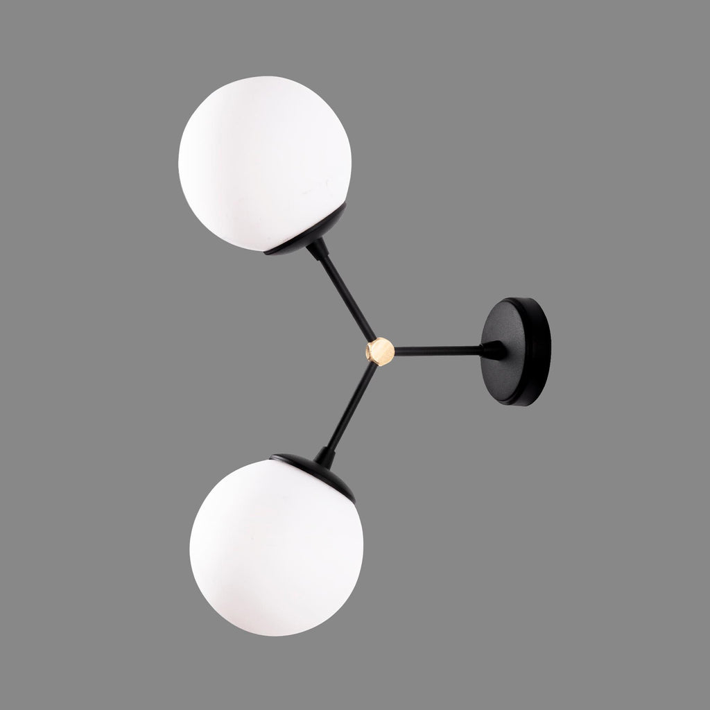 Modern Double Globe Wall Sconce Black and Gold, Mid Century Wall Light, Opal Glass Bathroom Vanity Light, Contemporary Bedside Lamp