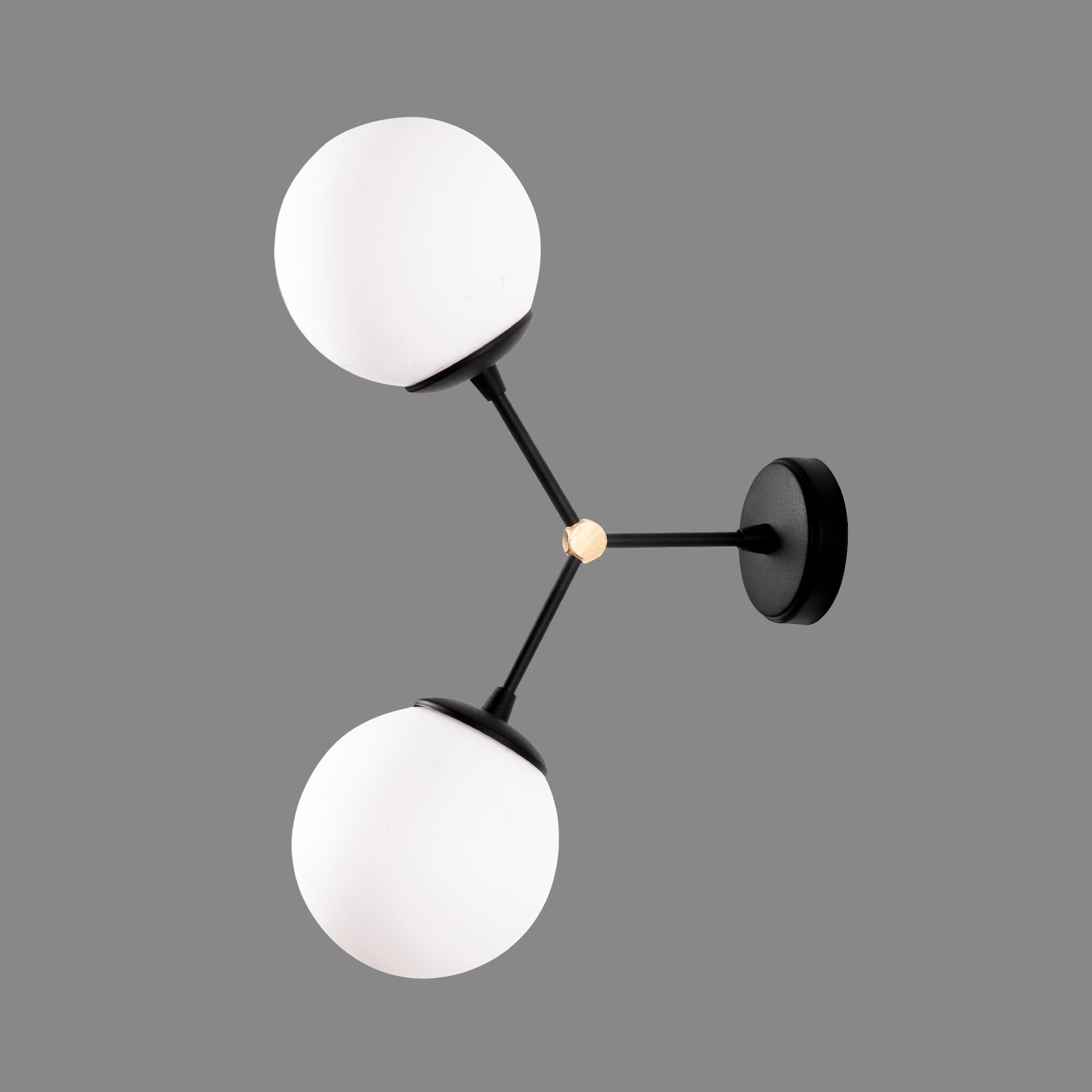Modern Double Globe Wall Sconce Black and Gold, Mid Century Wall Light, Opal Glass Bathroom Vanity Light, Contemporary Bedside Lamp