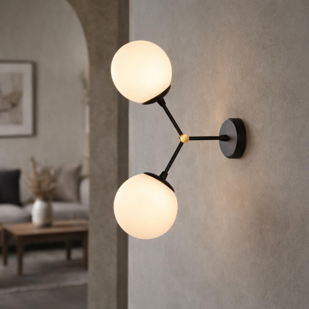 Modern Double Globe Wall Sconce Black and Gold, Mid Century Wall Light, Opal Glass Bathroom Vanity Light, Contemporary Bedside Lamp