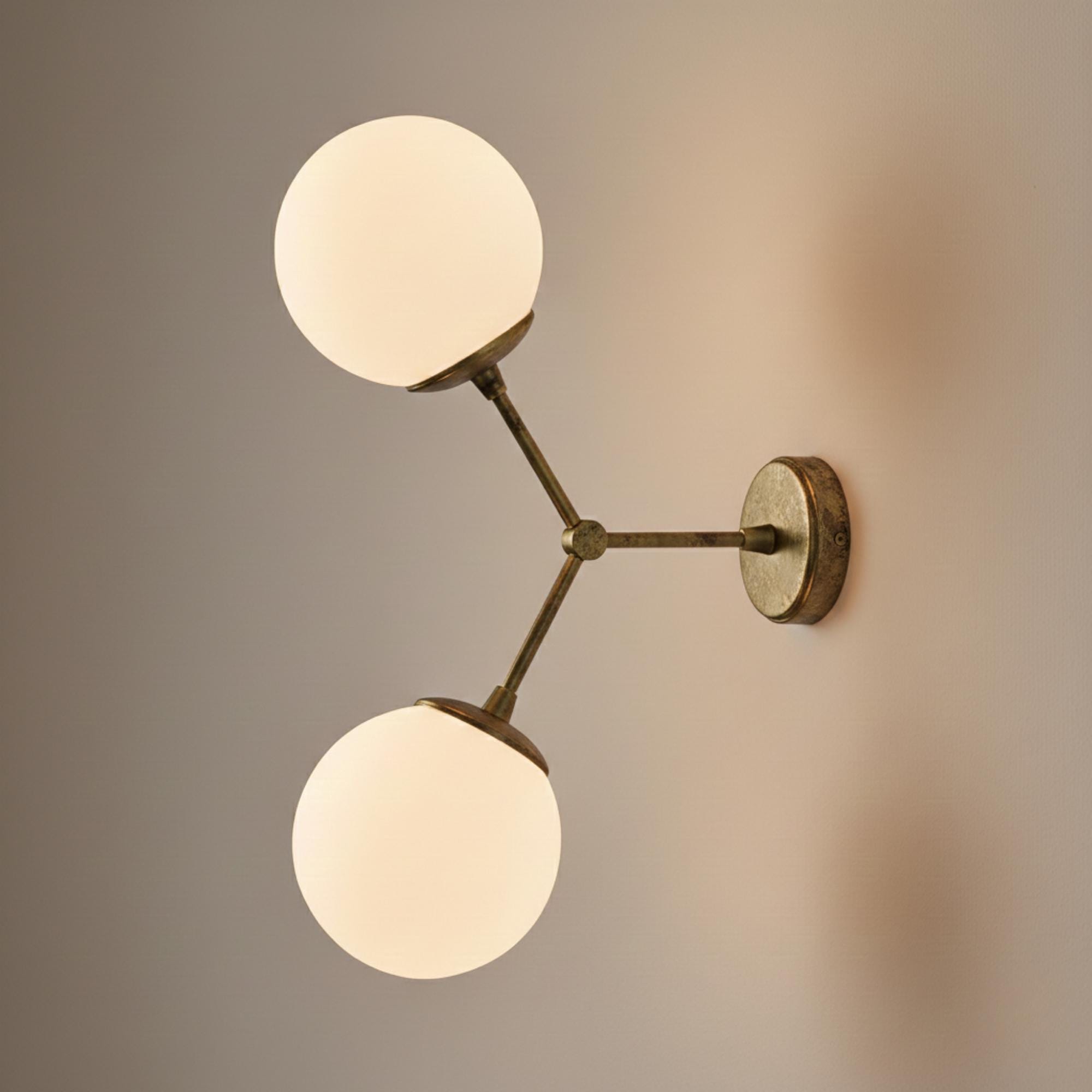 Modern Double Globe Wall Sconce Black and Gold, Mid Century Wall Light, Opal Glass Bathroom Vanity Light, Contemporary Bedside Lamp