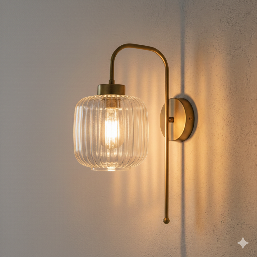 Modern Ribbed Glass Wall Sconce, Gold Black Brass Chrome Finish, Smoke Amber Clear Glass, Bathroom Vanity Light, Industrial Bedside Lamp