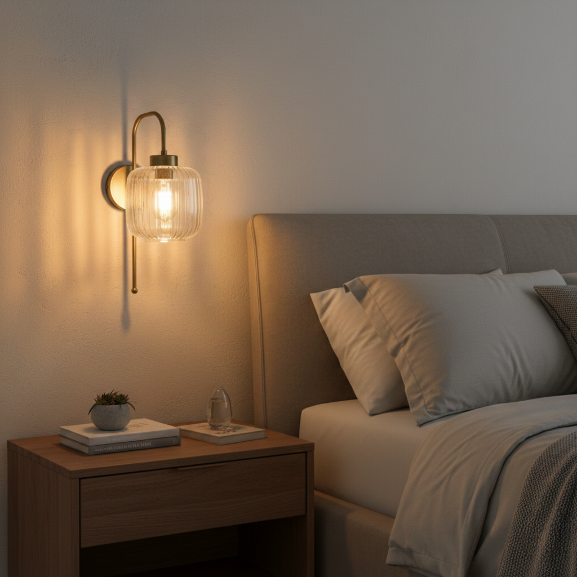 Modern Ribbed Glass Wall Sconce, Gold Black Brass Chrome Finish, Smoke Amber Clear Glass, Bathroom Vanity Light, Industrial Bedside Lamp