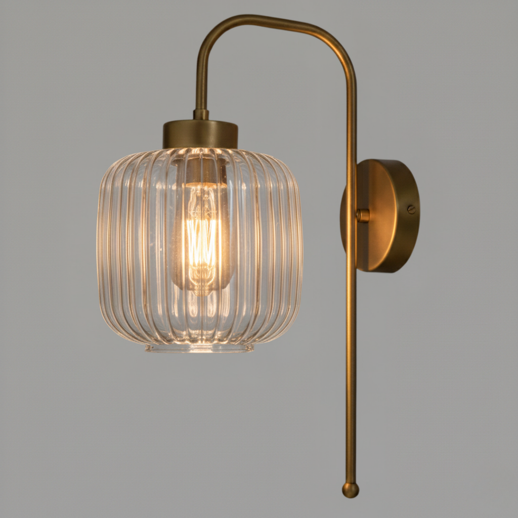 Modern Ribbed Glass Wall Sconce, Gold Black Brass Chrome Finish, Smoke Amber Clear Glass, Bathroom Vanity Light, Industrial Bedside Lamp