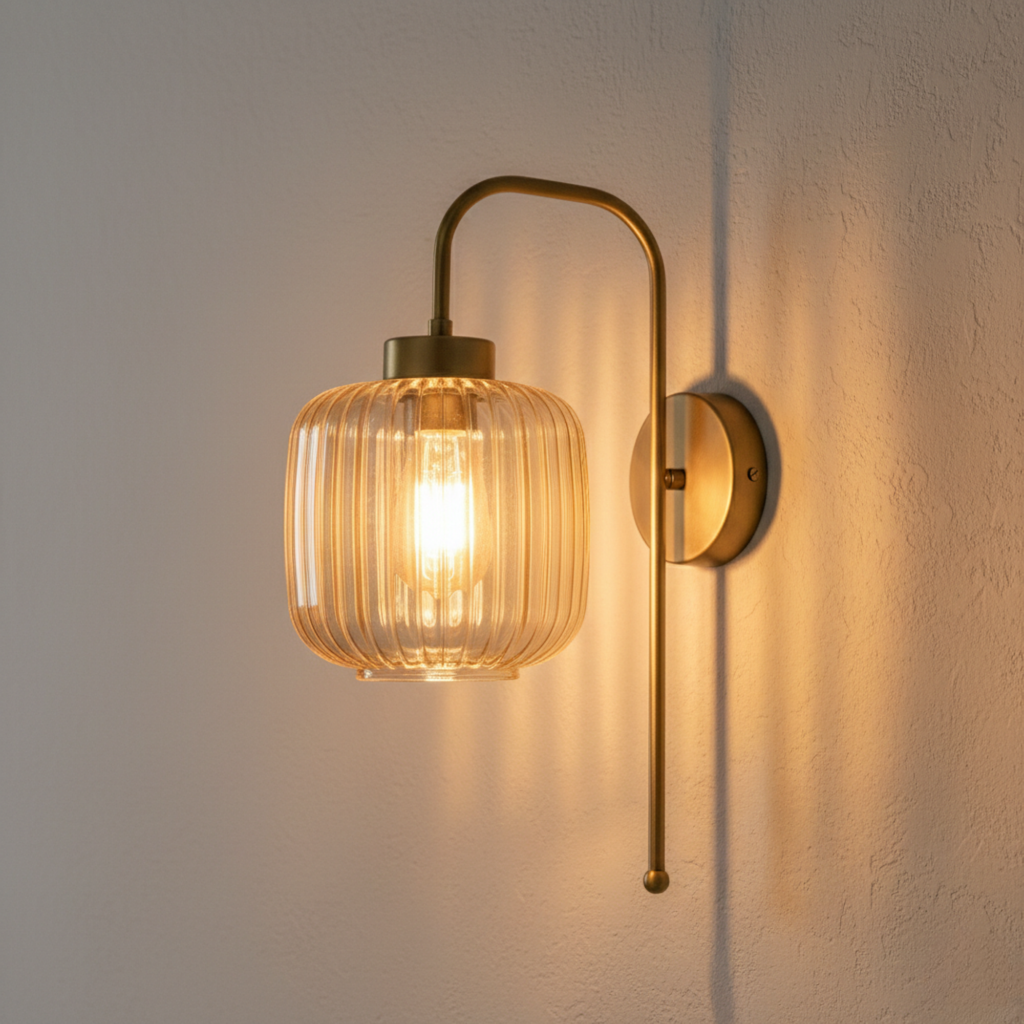 Modern Ribbed Glass Wall Sconce, Gold Black Brass Chrome Finish, Smoke Amber Clear Glass, Bathroom Vanity Light, Industrial Bedside Lamp