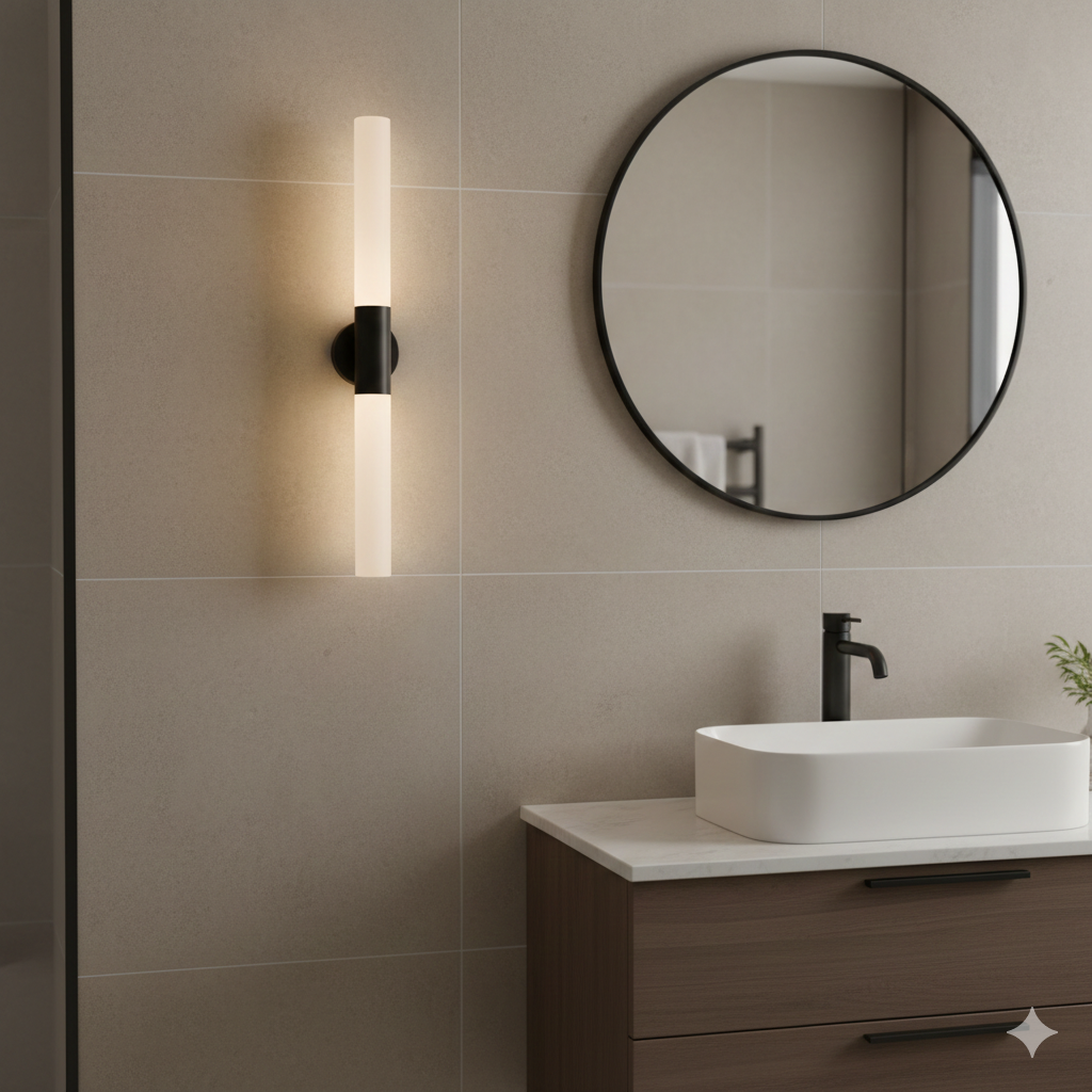 Modern Vertical Wall Sconce, Minimal Tube Light, Black Metal & Frosted Acrylic, Bathroom Vanity Light, Bedside Wall Lamp