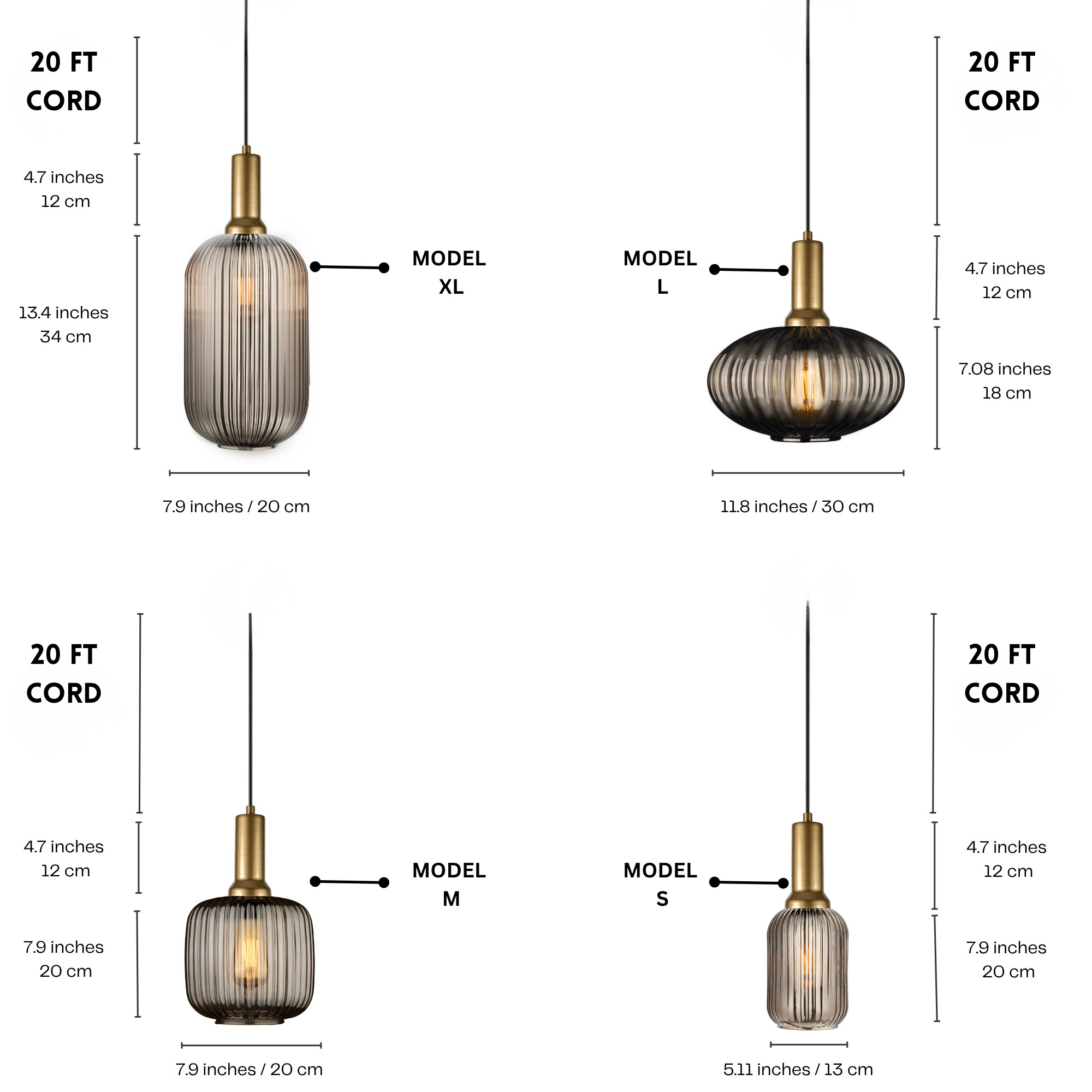 Ribbed Glass Plug In Pendant Light with Switch, Model S