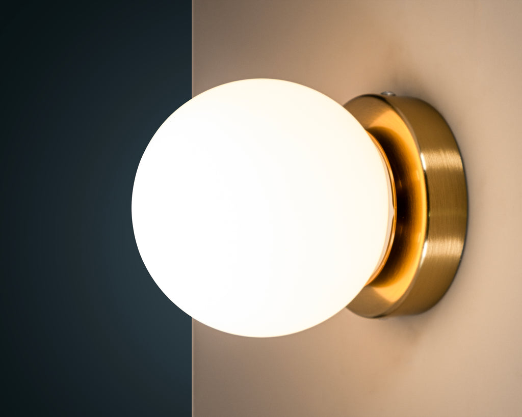 Opal Glass Globe Wall Sconce: Mid-Century Modern Brass Vanity Light