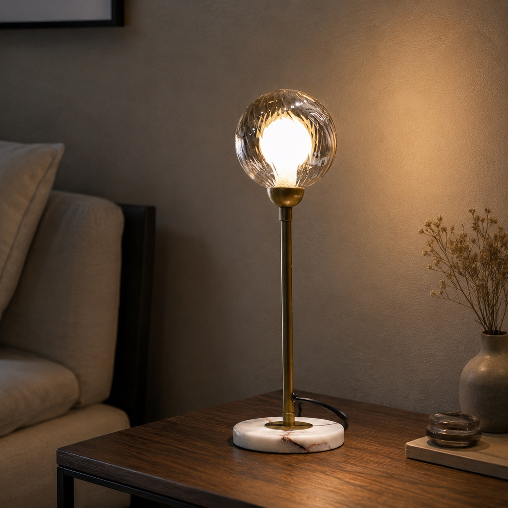 Modern Globe Table Lamp, Ribbed Glass, Marble Base