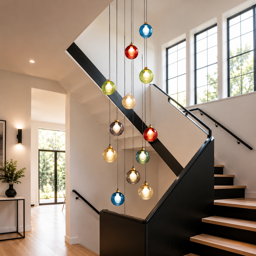 Modern Globe Chandelier, High Ceiling Pendant Light, Colorful Glass
